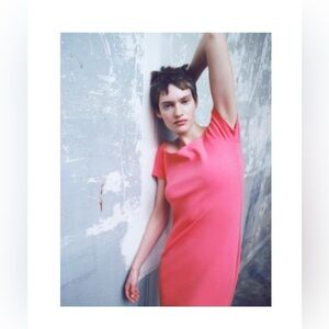 Zara Cup Short Sleeve Off The Shoulder Pink Midi Dress Size M Cotton Boat Neck
